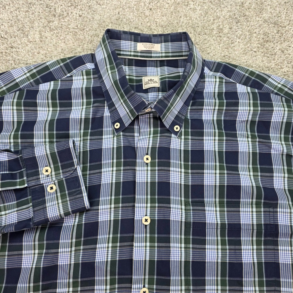 Peter Millar Mens XL Blue Green Plaid Cotton Button Down Shirt Long Sleeve NWOT